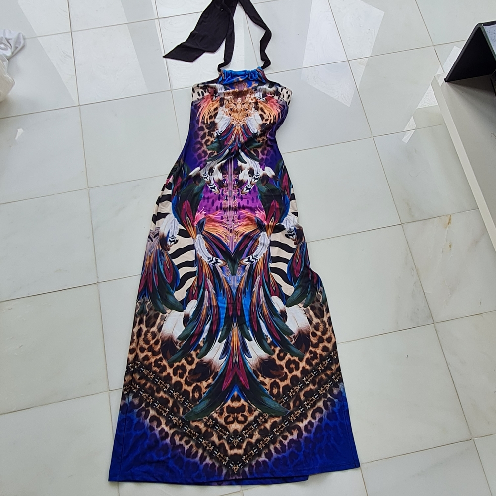 CAVALLI STYLE Multicolor Printed Halter Maxi Dress — Blue, Purple, Teal & Brown
